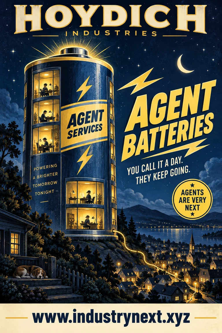 Vintage Agent Batteries advertisement imagining an office powered through the night.