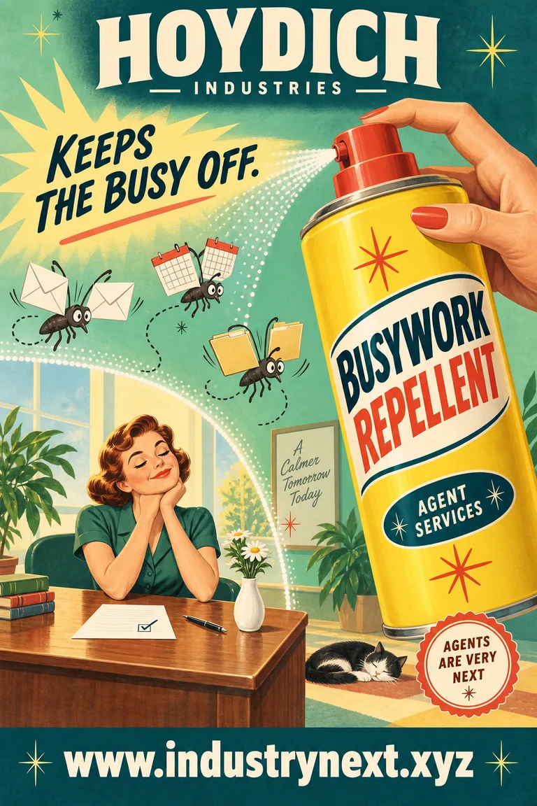 Busywork Repellent, a vintage illustrated advertisement for keeping repetitive tasks at bay.