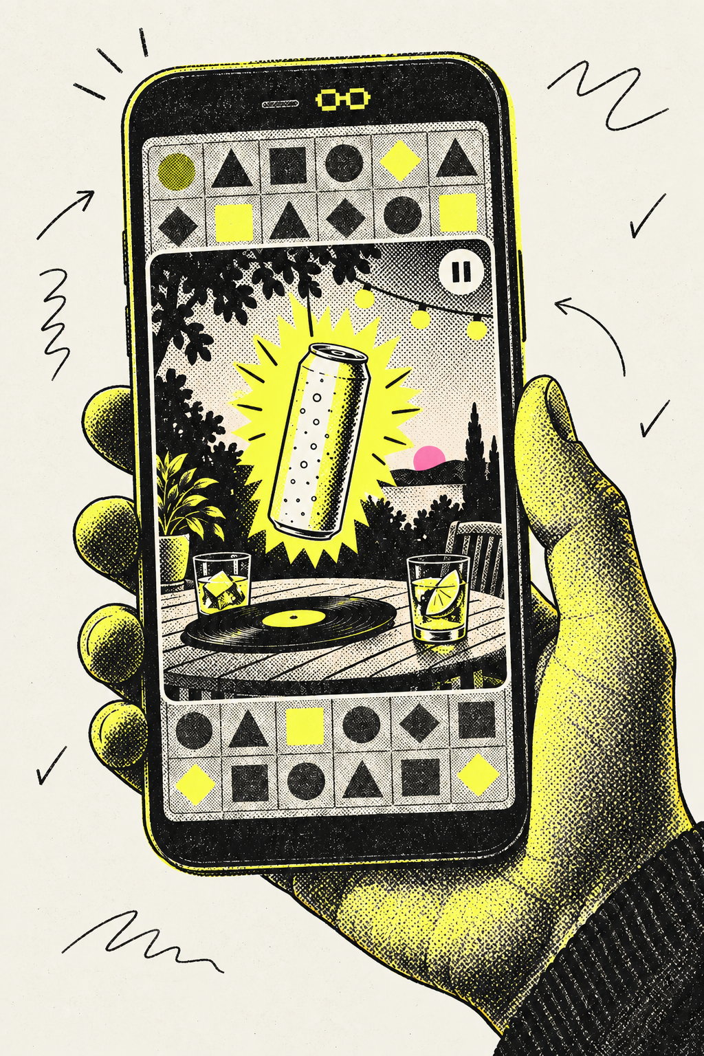 Risograph illustration of a hand holding a phone; a paused puzzle game gives way to an interstitial of a glowing seltzer can over a patio table at dusk with a vinyl record and two glasses.