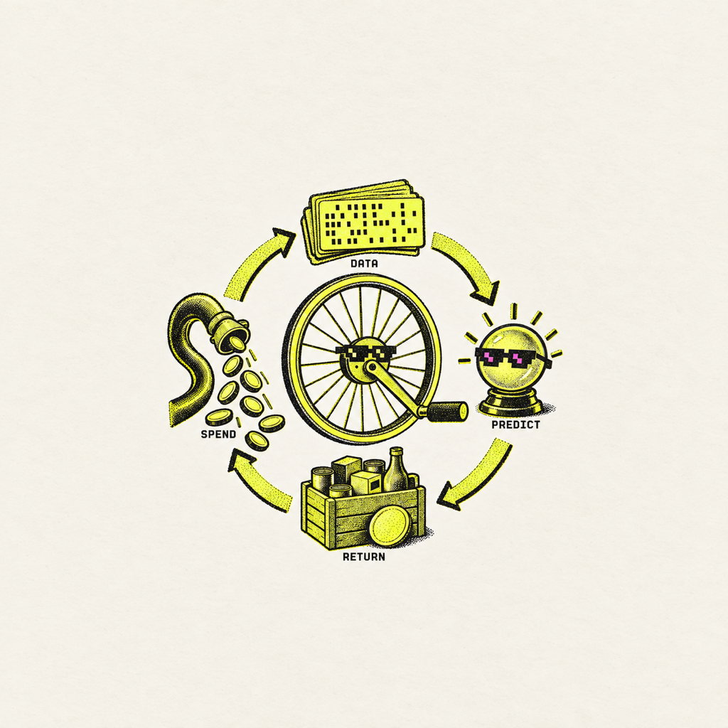 Risograph diagram of a hand-cranked flywheel with four stations: data punch-cards, a crystal ball wearing noggles for prediction, a crate of products for return, and a firehose of coins for spend.