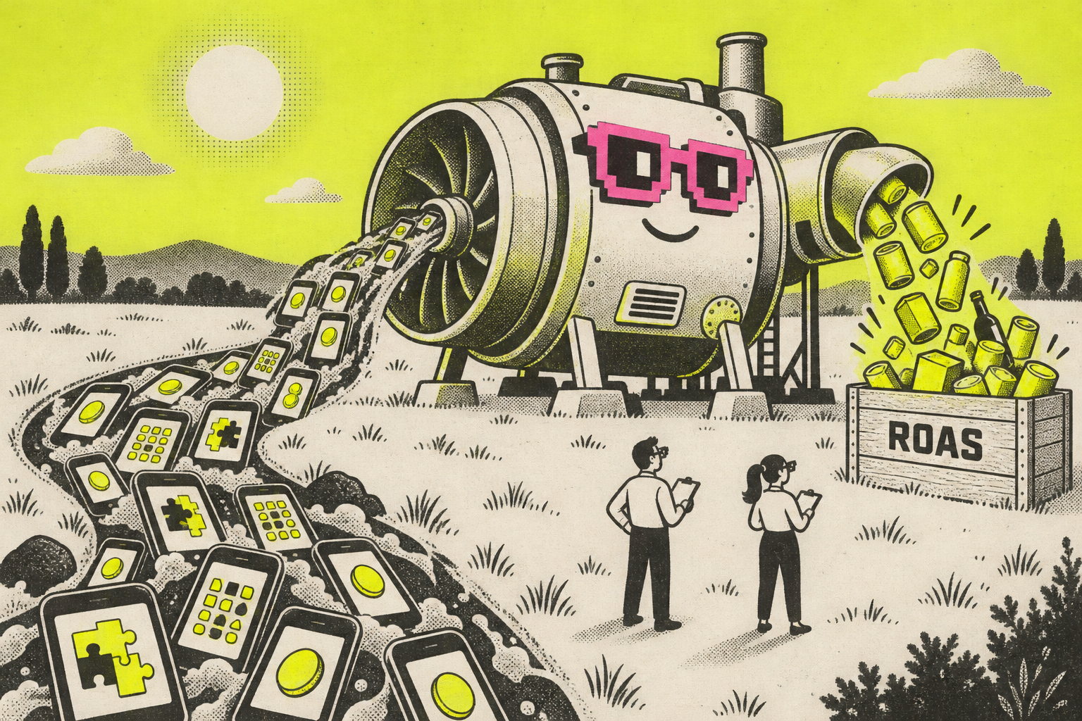 Risograph illustration: a huge friendly turbine wearing pixel noggles takes in a river of small phone screens and pours out cans and boxes into a wooden crate marked ROAS.