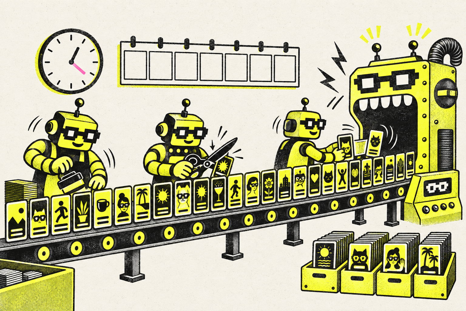 Risograph illustration of a factory conveyor belt carrying dozens of small vertical video cards while pixel-noggle robots caption and trim them and feed them into a hungry machine.