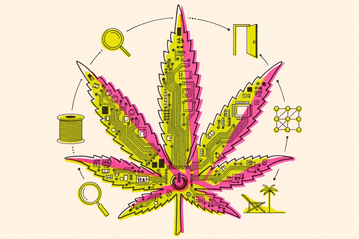 Risograph illustration: a large cannabis leaf drawn as a circuit board with a power button at the stem, ringed by five small icons: a spool of thread, a magnifying glass, an open door, a mesh of connected nodes, and a beach chair under a palm tree.