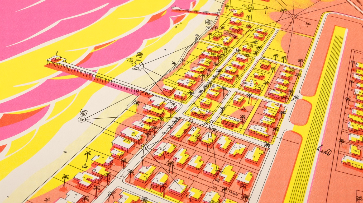 Risograph aerial illustration of a small beach town at golden hour: a pier, a grid of flat-roofed houses, palms, an airport runway at the edge, with thin black lines connecting small nodes across the town like a mesh diagram.