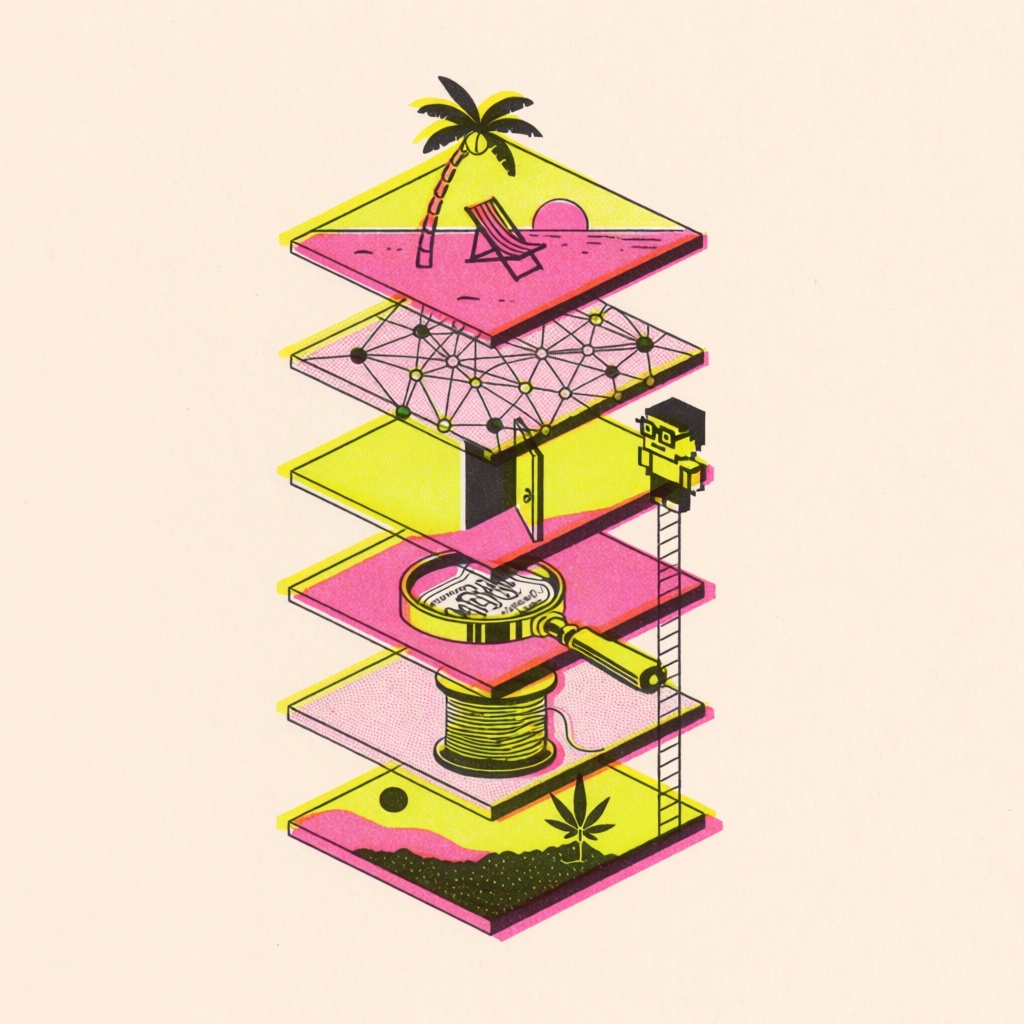 Risograph illustration of six stacked slabs like a layered cake: soil with a sprout at the bottom, then a spool of thread, a magnifying glass over a label, an open door, a mesh of nodes, and a beach chair under a palm on top, with a small pixel figure in square glasses climbing a ladder up the side.