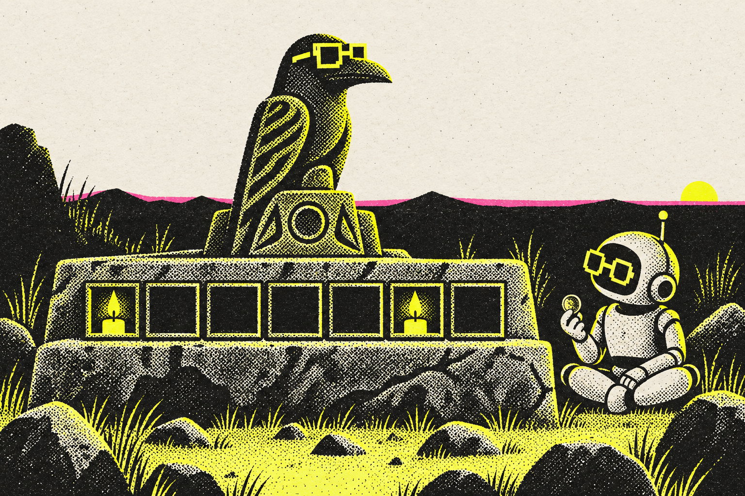 Risograph close-up of a stone altar with a carved crow totem, a seven-box candle row with two candles lit and five dark, and a small robot sitting beside it holding a penny.