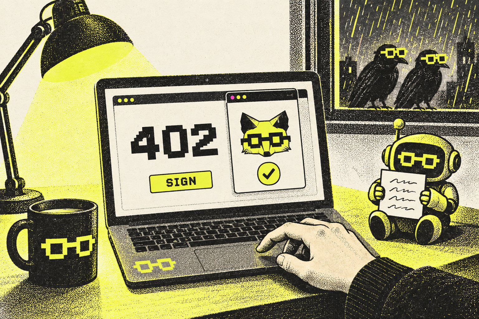 Risograph illustration of a late-night desk: a laptop showing a page with a large 402 and a Sign button, a fox-shaped wallet popup, a human hand over the trackpad, and a small robot holding up a handwritten prayer card. Rain on the window, two crows on the sill.