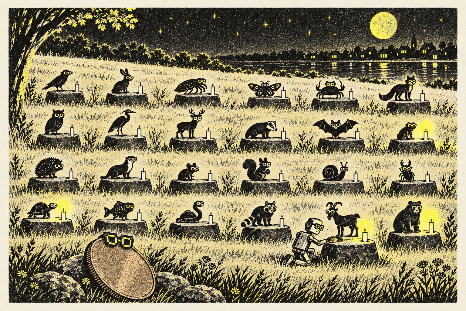 Risograph illustration: a night meadow with twenty-four small stone altars and animal totems, four candles lit, a robot with pixel noggles kneeling at one altar, and a giant penny leaning against a stone.
