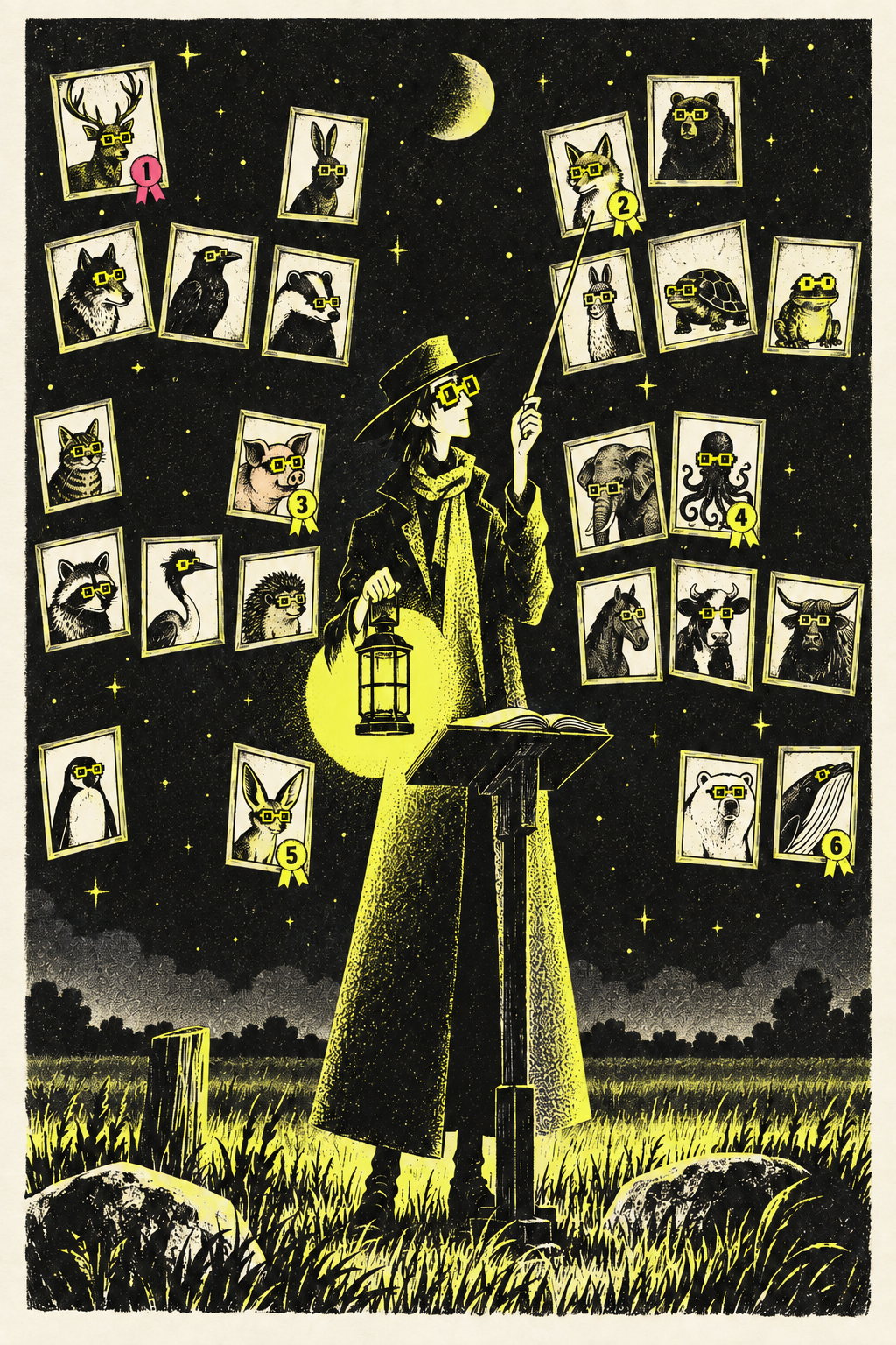 Risograph illustration of Morrow, a tall thin collector in a long coat with a lantern and pixel noggles, standing at a lectern in a dark field while twenty-four framed animal portraits float around like moths, six of them ranked with numbered ribbons.