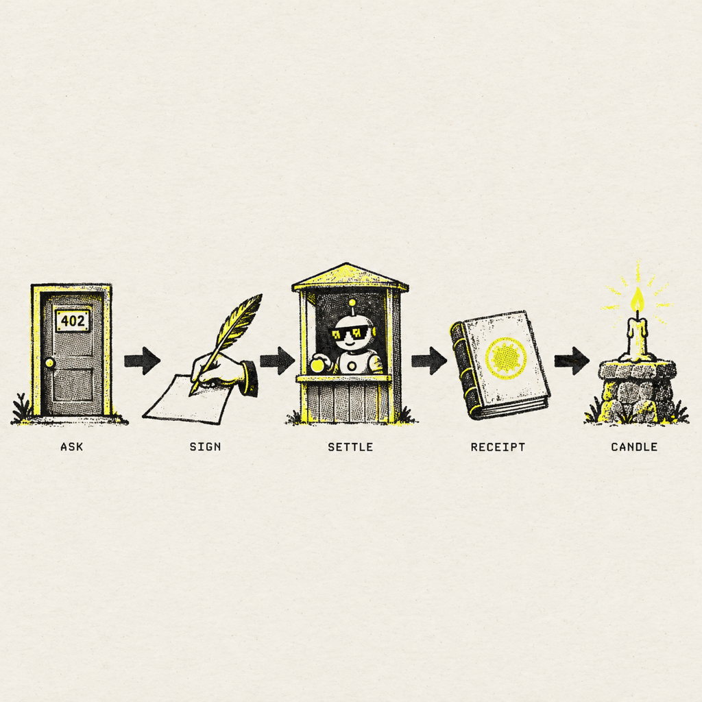 Risograph diagram of five stations connected by arrows: a door marked 402, a hand signing with a quill, a toll booth with a robot attendant, a stamped ledger book, and a lit candle on a stone altar.