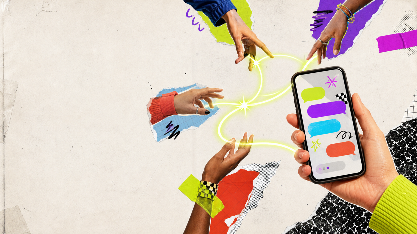 Hands passing a glowing social relay around a phone with colorful abstract chat bubbles